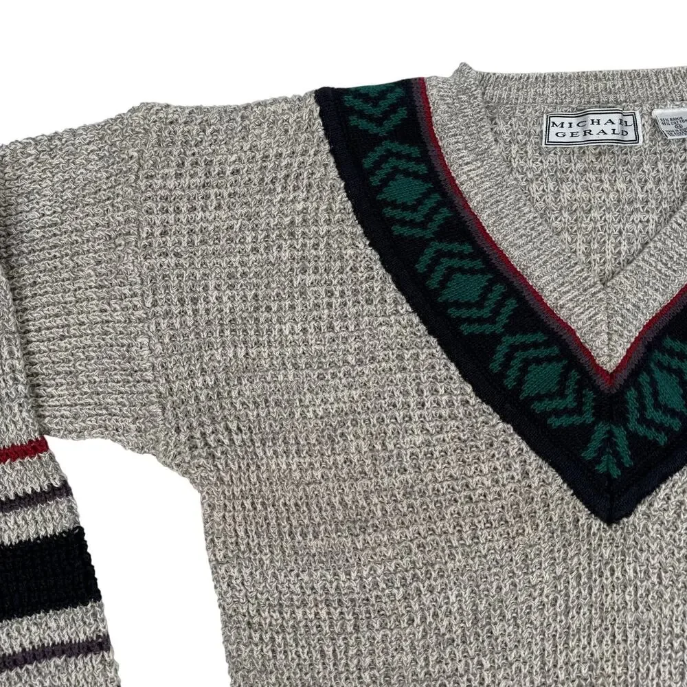 Michael Gerald Vintage Collegiate V-Neck Knit Sweater Geo Border Mens Medium